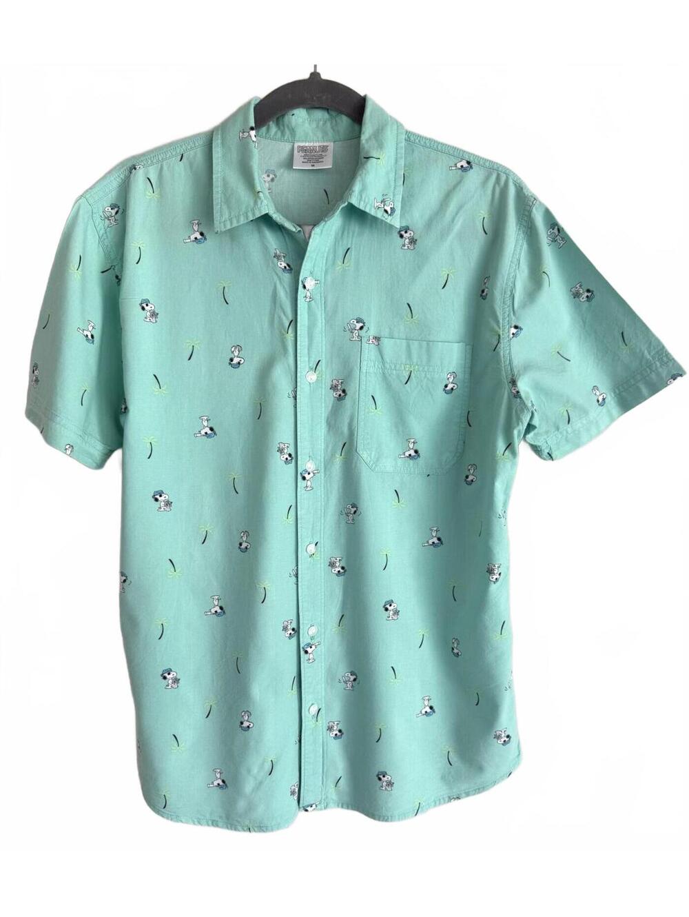 Peanuts Snoopy Print Short Sleeve Button Up Shirt Size M Green Cotton Rayon